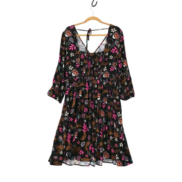 NWT Sz 1 Torrid Rayon Slub Balloon Sleeve Twist Font Black Leopard Leaves Dress - Picture 7 of 12